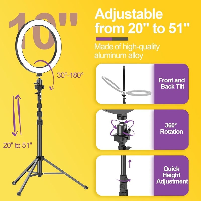 EMART إضاءة حلقة 10" مع حامل ثلاثي قابل للتمديد بطول 55" وحامل هاتف، إضاءة دائرية LED قابلة للتعتيم لتصوير السيلفي/المكياج/فيديوهات يوتيوب/التدوين/البث المباشر - Image 3